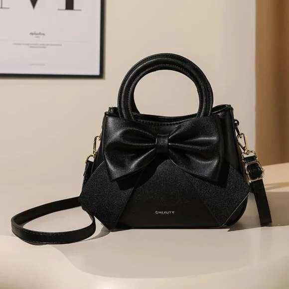 Vegan Leather Crossbody Bag Small Womens Purse with Bow Rope Adjustable